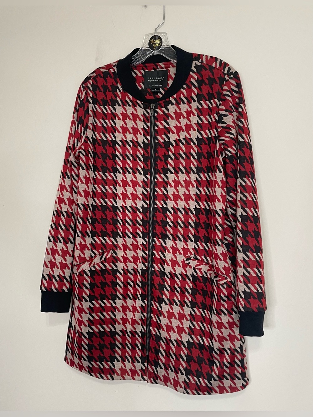 Sanctuary -Red Houndstooth Zip-Front‎ Sweater Jacket ~ Size Small- Office
